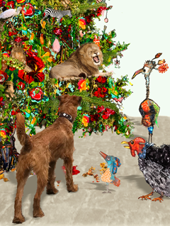 A picture book lion in the christmas tree